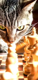 Cat curiously observing chess pieces on a sunlit board.