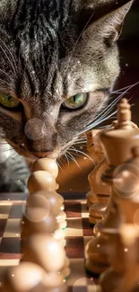 A curious cat examines a chess board in warm sunlight.