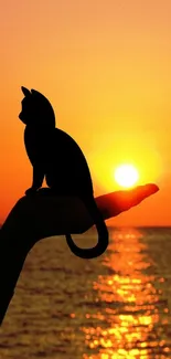 Silhouette of a cat against a vibrant orange sunset by the ocean.