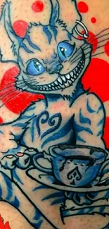 Whimsical blue cat tattoo with teacup and red dot accents.