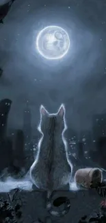 A lone cat gazing at the moon in a starry urban night scene.