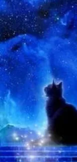 A black cat sits under a starry blue sky, creating a mystical night scene.