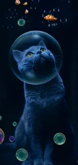 Cat in an underwater setting with bubbles and fish, creating a dreamy visual.