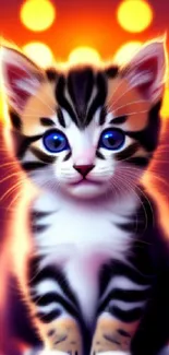 Cute kitten with blue eyes and vibrant orange backdrop.