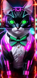 Futuristic cat in neon hues with cyberpunk style on mobile wallpaper.