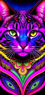 Vibrant neon artwork featuring a colorful cat design with intricate patterns.