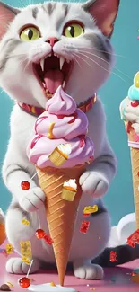 A cute cat holding colorful ice cream cones.