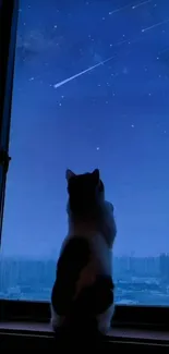 Cat silhouette gazing at starry night sky from a window.