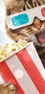 Tabby cat with 3D glasses holding popcorn in a cute wallpaper.