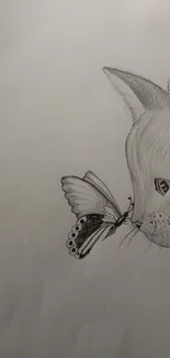 Minimalist sketch of a cat and butterfly interaction on a gray background.