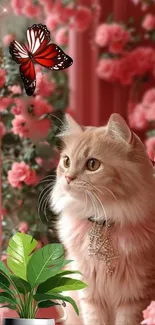 Fluffy cat at window with pink flowers and red butterfly.