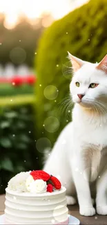 White cat sitting beside a cake in a lush garden.