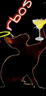 Cat silhouette holding a cocktail against a black background.