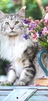 Maine Coon cat next to a flower vase on wooden table.