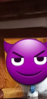 Cat with a mischievous purple emoji face in a wooden setting.