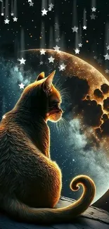 Cat sits gracefully in moonlight under a starry night sky.