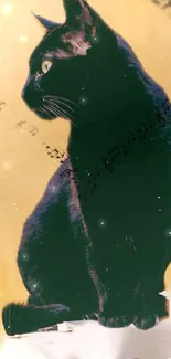 Black cat with floating musical notes on a golden background.