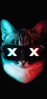 Cat with glowing neon glasses on dark background.