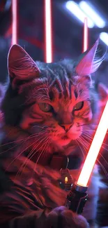 Cat holding neon lightsaber in dark setting.