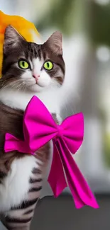 Cat wearing a vibrant pink bow with a blurred background.