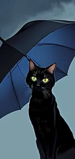 Black cat with umbrella in rain-themed wallpaper design.