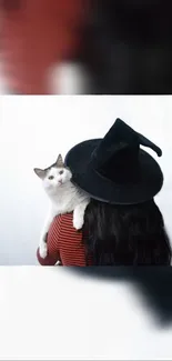 Cat in a witch hat on a minimalist background.