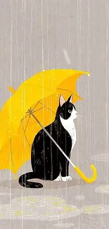 Black and white cat under yellow umbrella in the rain.