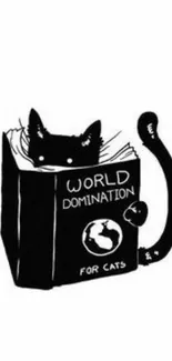 Black cat with book titled 'World Domination for Cats' on white background.