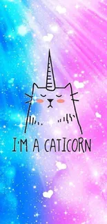 Caticorn galaxy wallpaper with pink and blue hues, whimsical unicorn-cat design.