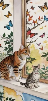 Cats on windowsill with butterflies in nature.