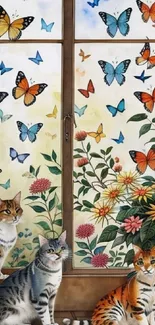 Cats sitting by a window with butterflies and flowers in vibrant colors.