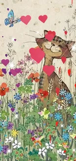 Whimsical cat among flowers and butterfly wallpaper.