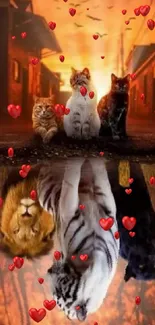 Cats with wild animal reflections in an urban sunset scene.