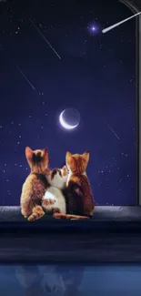 Three cats watching a crescent moon in a starry night through a window.