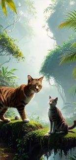 Cats sitting in a lush jungle setting with vibrant green foliage.