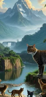 Cats in a mystical mountain and waterfall setting.