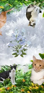 Cats resting among green leaves and icy background, perfect for phones.