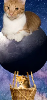 Whimsical art of cats resting on the moon in a galaxy background.