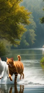 Two cats running over water with forest backdrop.