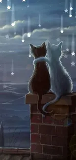 Two cats sitting on a chimney, stargazing under a night sky.