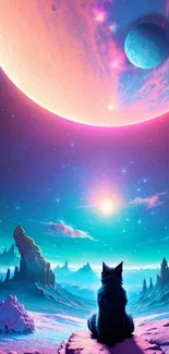 Cats gaze at planets in vibrant fantasy space scene.