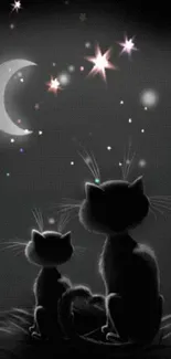 Silhouetted cats gazing at stars under a crescent moon on a dark background.