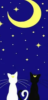 Two cats under a crescent moon in a starry night sky wallpaper.