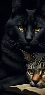 Two cats resting with a book, dark background.