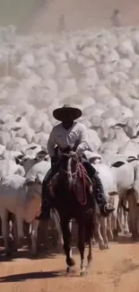 Cowboy leading cattle herd through dusty terrain.