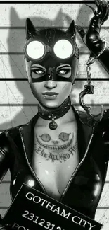 Catwoman mugshot in Gotham City for mobile wallpaper.