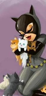 Catwoman cartoon with kittens on purple background.