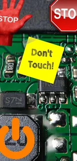 Circuit board wallpaper with warning signs.