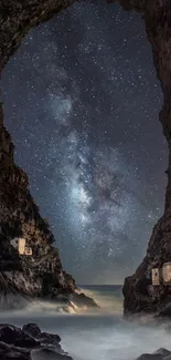 Stunning view of a starry night sky through a rocky cave opening over the ocean.