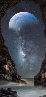 Starry night sky framed by a cave opening over the ocean.